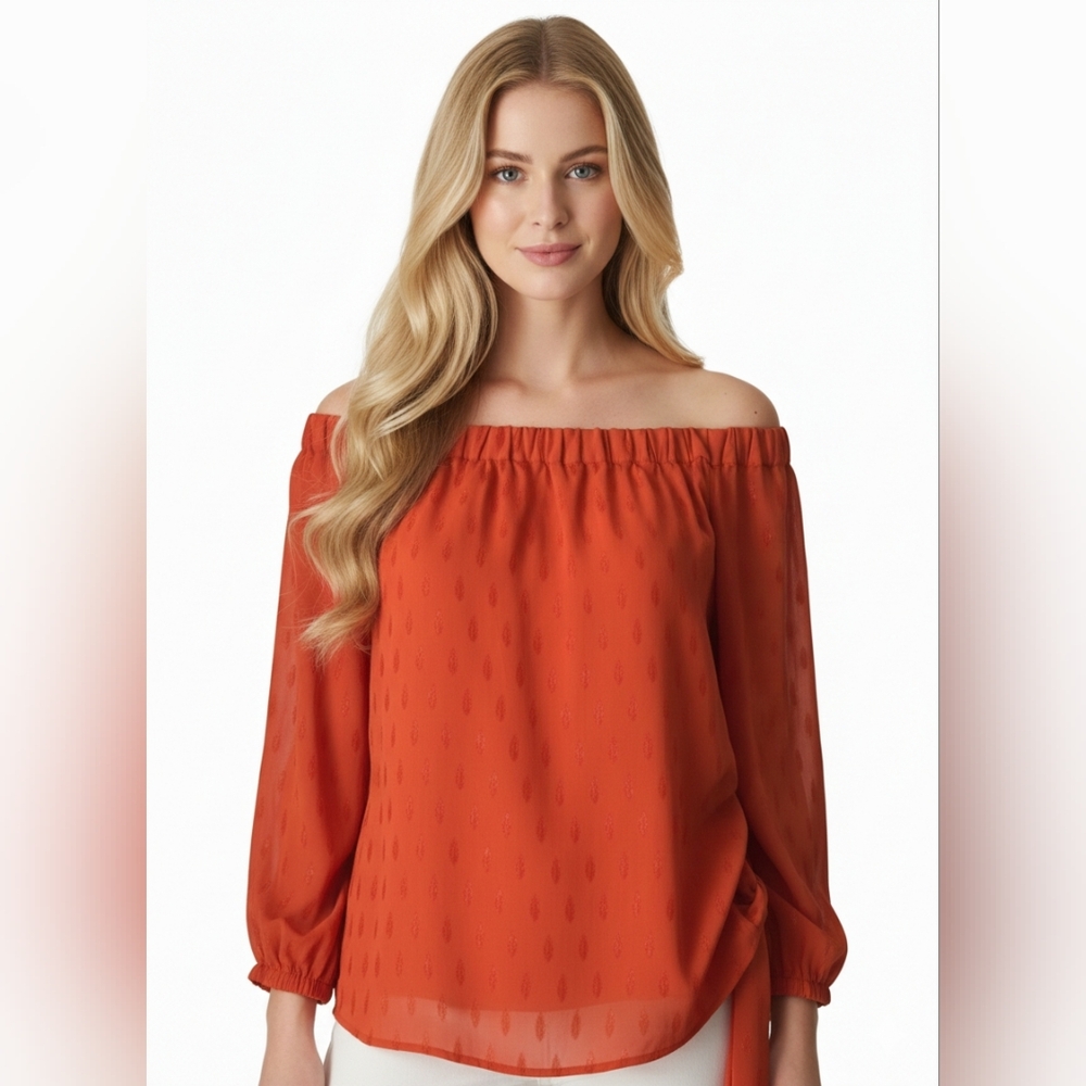 MICHAEL Michael Kors Orange Off-Shoulder Shimmery Ruched Tie Top Size M